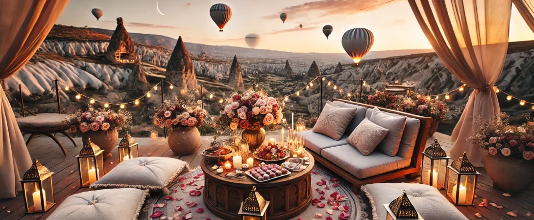 DALL·E 2025-01-28 19.39.05 - A romantic honeymoon setup in Cappadocia at sunset. The scene includes a luxurious outdoor seating area with soft cushions, a low wooden table adorned