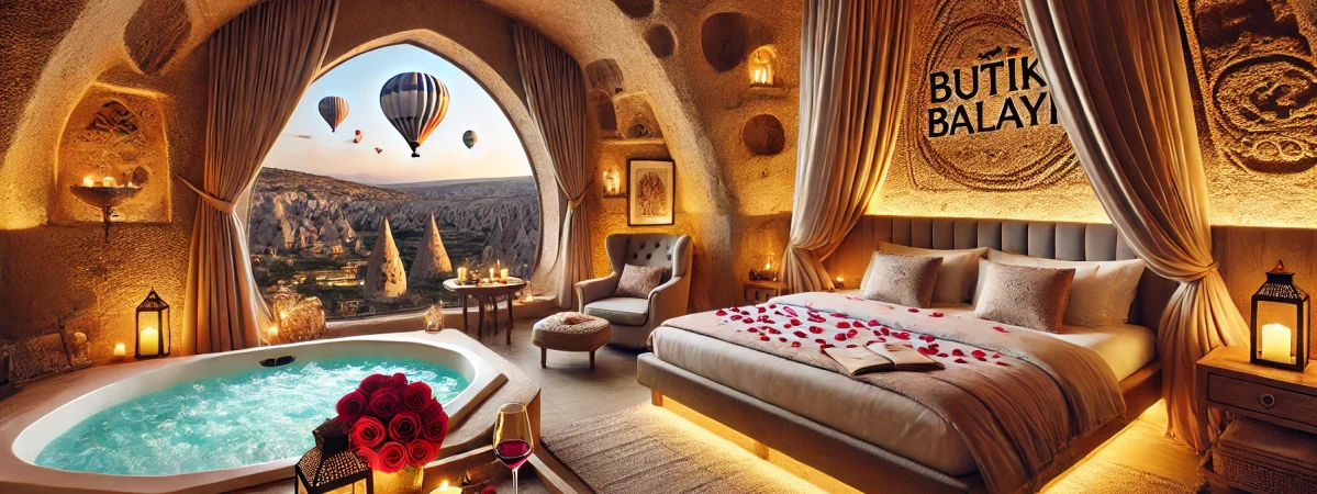 DALL·E 2025-01-28 19.39.51 - A luxurious honeymoon suite interior in Cappadocia with a cozy cave-style room. The room features a large, comfortable bed adorned with rose petals, s
